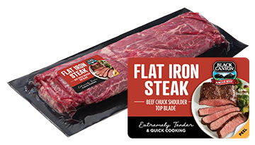 Retail ready Black Canyon flat iron steak package with close up of the retail label
