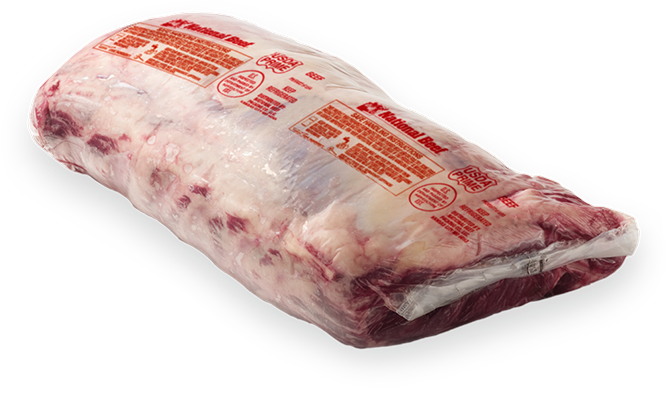 Vacuum-sealed ribeye cut in branded packaging.