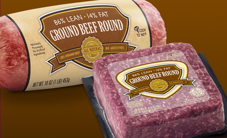Ground Beef Round chub and brick on a brown background.