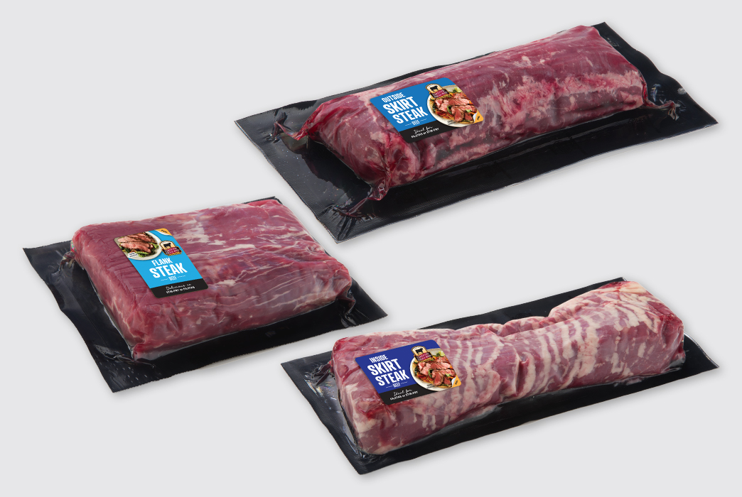Packaged Certified Angus Beef specialty steaks displayed with product labels and brand logos.