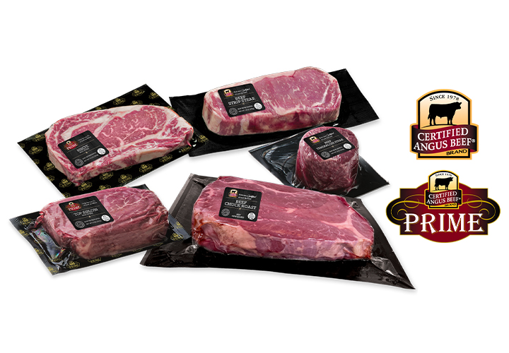 Variety of vacuum-sealed Certified Angus Beef steaks and roasts beside Prime and Angus Beef logos.