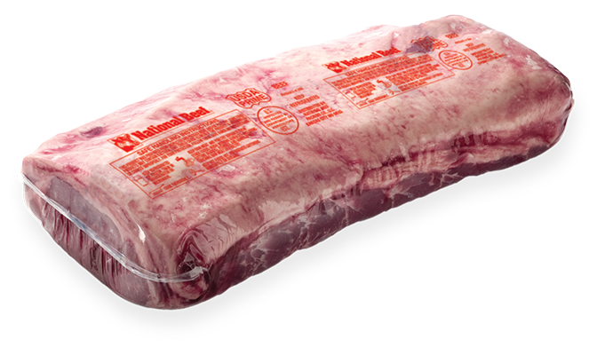 Vacuum-sealed half strip loin cut in branded packaging.