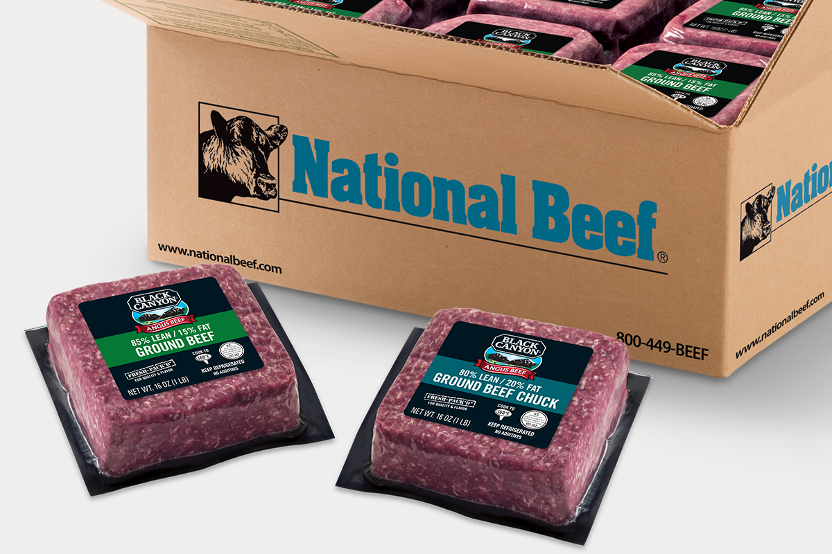 National Beef case with two vacuum-packed Black Canyon ground beef bricks in front