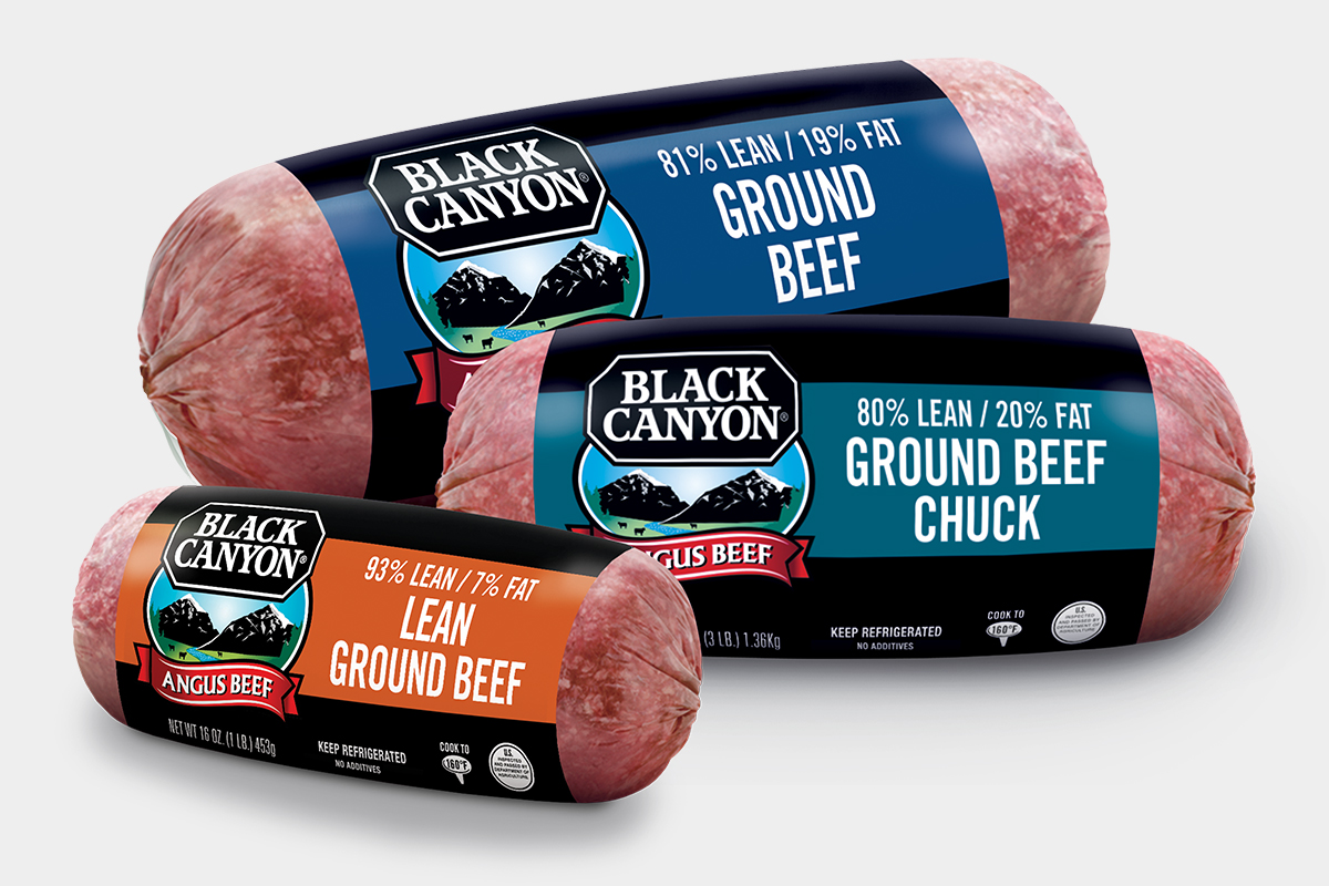 Three Black Canyon ground beef chubs in assorted lean and chuck varieties