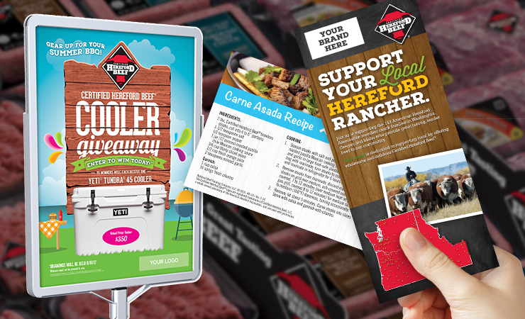 Hand holding giveaway flyers and a sign promoting a steak giveaway beside packaged beef.