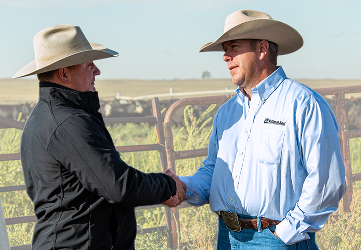 Two ranchers in cowboy hats shaking hands outdoors.