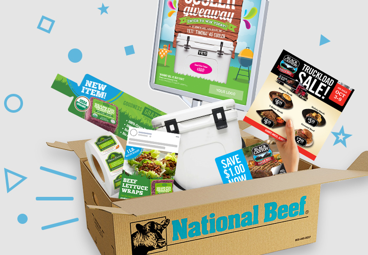 National Beef box with beef products and promotional materials.