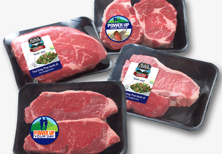 Black Canyon beef cuts featuring Power Up Your Day and Your Meals stickers.