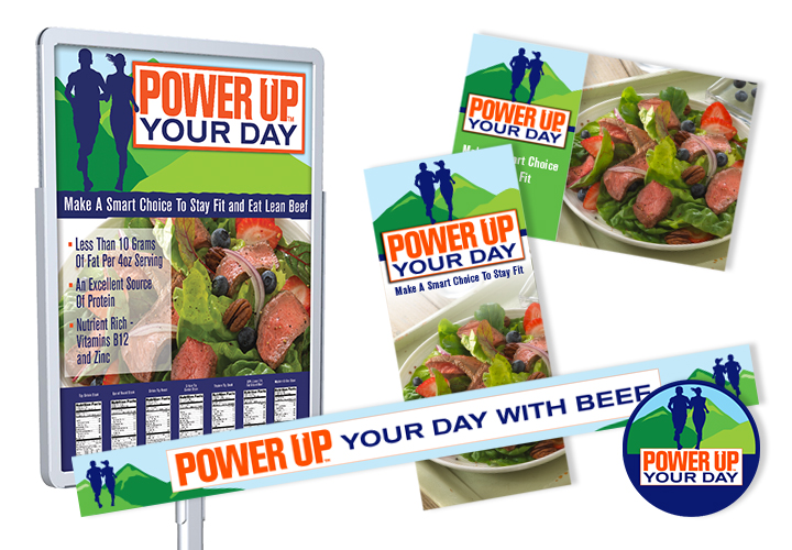 Posters and banners encouraging eating lean beef for fitness.