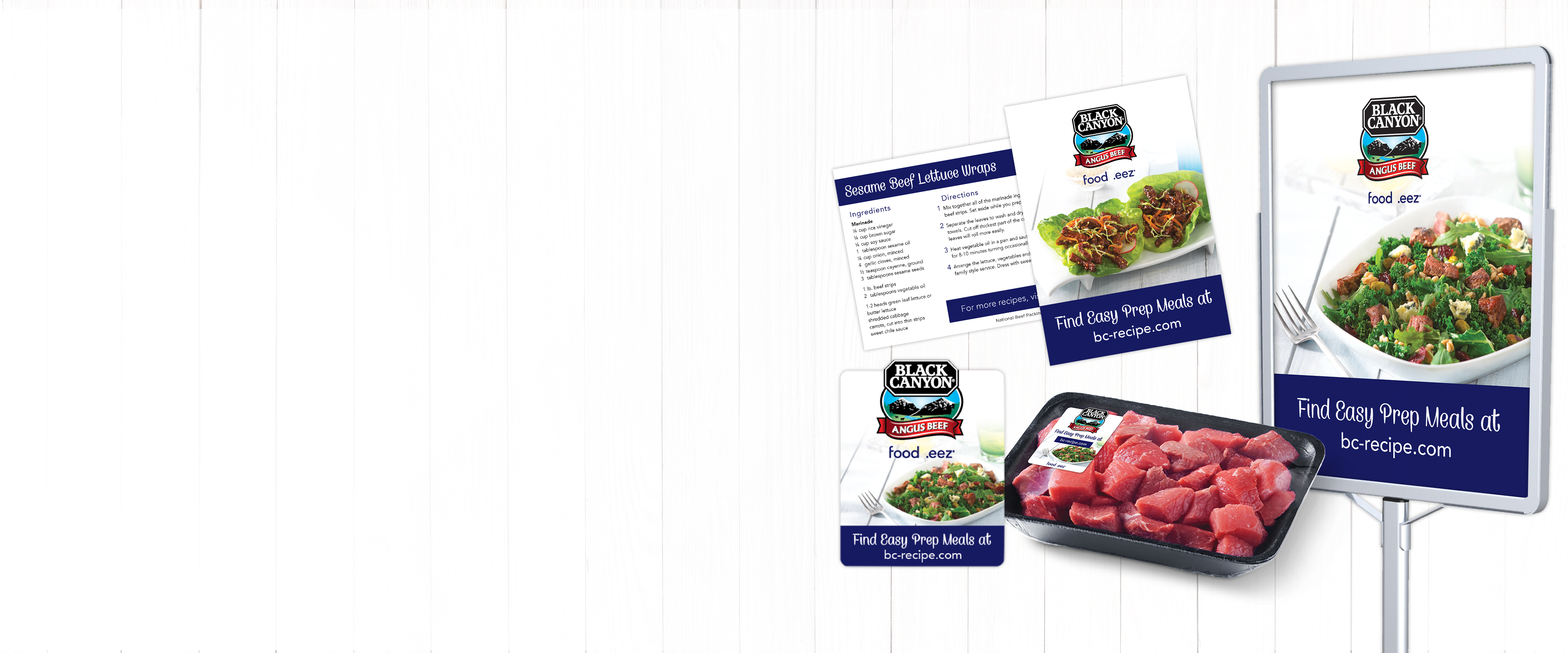Recipe cards and signage promoting easy beef meal ideas.