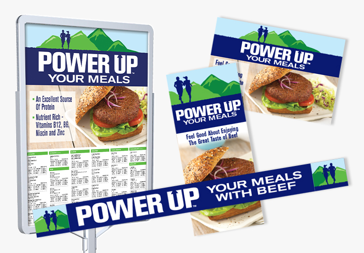 Promotional signs highlighting beef as a protein-rich meal choice.