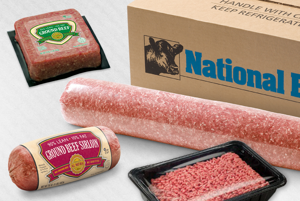 Packaged ground beef and chubs in a National Beef box.