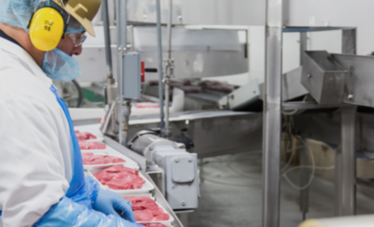 Employee inspecting packaged beef on a conveyor line.