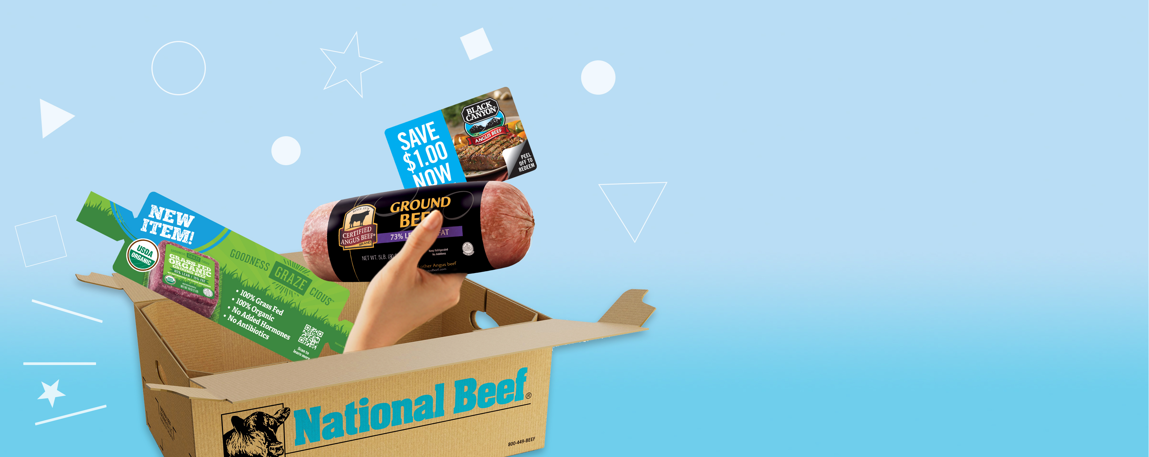 Hand holding a package of Certified Angus Beef ground beef emerging from a National Beef box, surrounded by colorful “New Item” and “Save $1.00 Now” promotional graphics on a blue background.