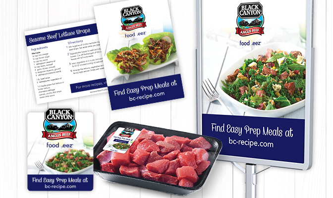 Marketing flyers and packaging for Black Canyon beef products.