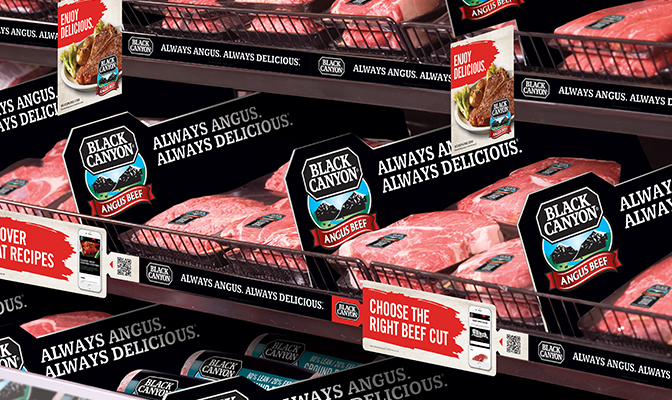 Grocery store shelf featuring packaged Black Canyon Ranch Steak products.