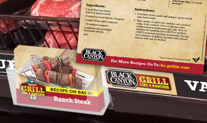 Black Canyon Grill recipe cards displayed near packaged beef.