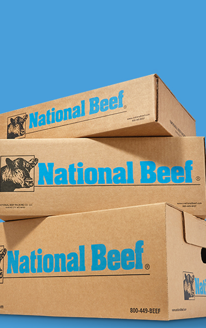 Stacked National Beef boxes against a blue background.