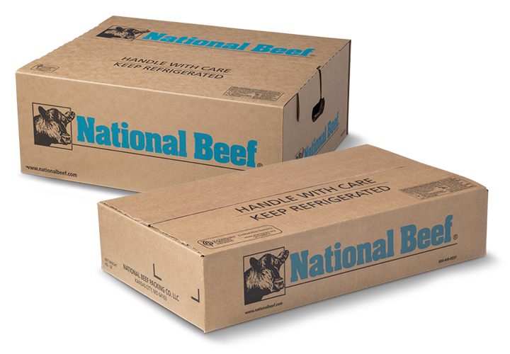 Two cardboard boxes labeled "National Beef" with the National Beef logo.