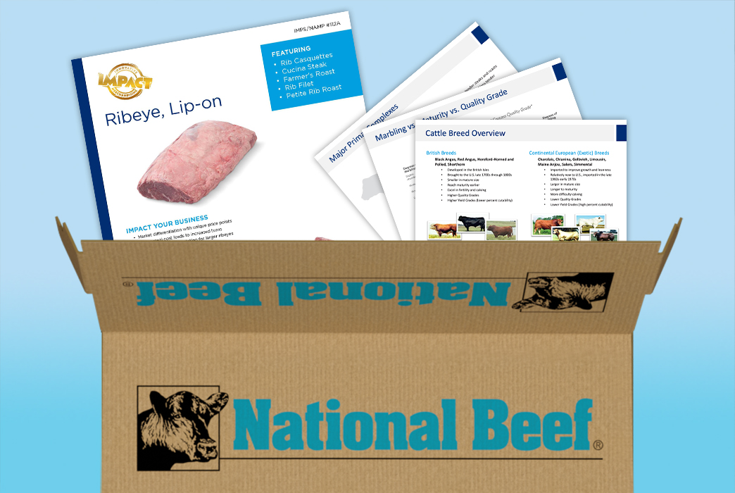Open National Beef box with illustrated charts and educational pages about beef cuts, cattle breeds, and grading inside.