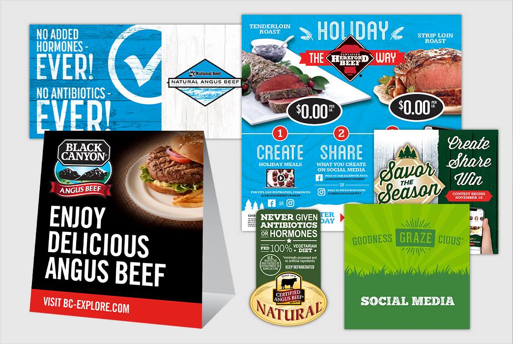 Promotional materials including steak sale flyer, social media graphic, and product brochure for Black Canyon Angus Beef.