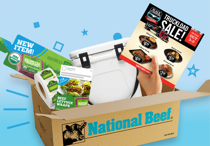 National Beef box filled with marketing flyers and sale sheets, including “Truckload Sale” and steak product images.