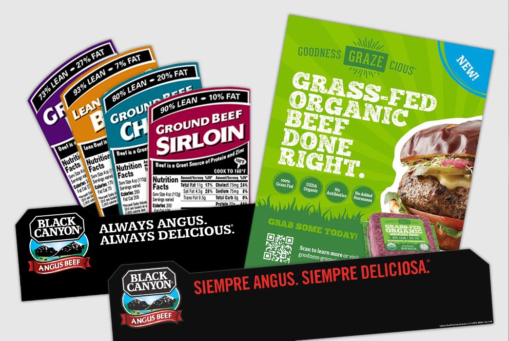 Point-of-sale marketing pieces for Black Canyon and NatureSource beef products