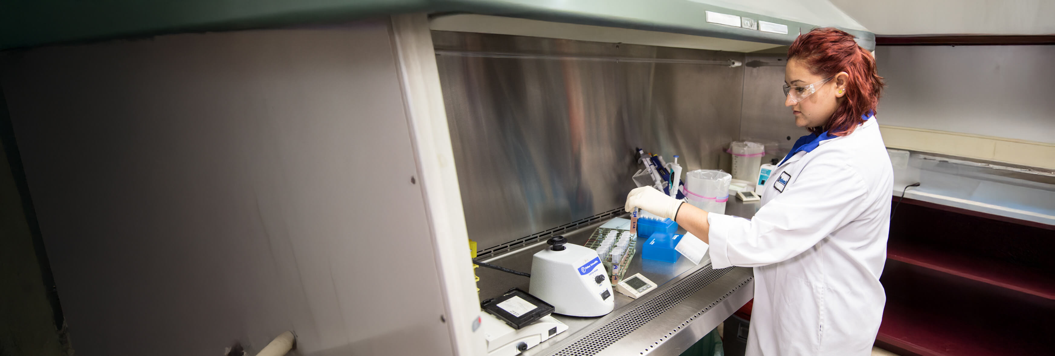 Laboratory technician handling test tubes under a ventilation hood.