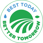 Circular sustainability logo reading Best Today Better Tomorrow with green landscape icon.