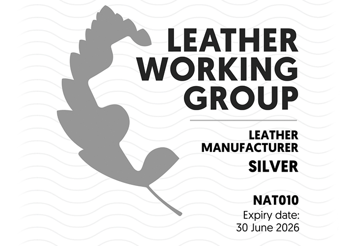 Leather Working Group Silver leather manufacturer certification badge.