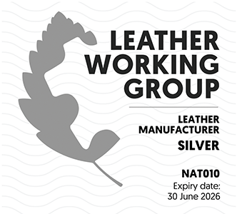 Leather Working Group Silver leather manufacturer certification badge with expiry date 30 June 2026.