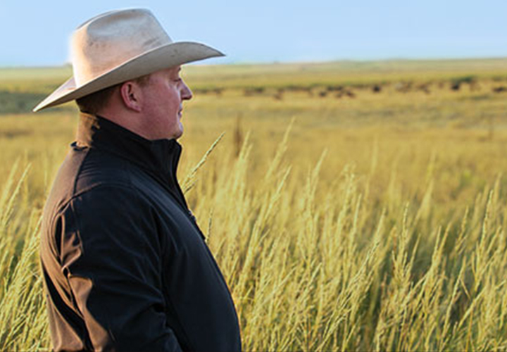 Rancher wearing a hat standing in tall grass looking over open rangeland.