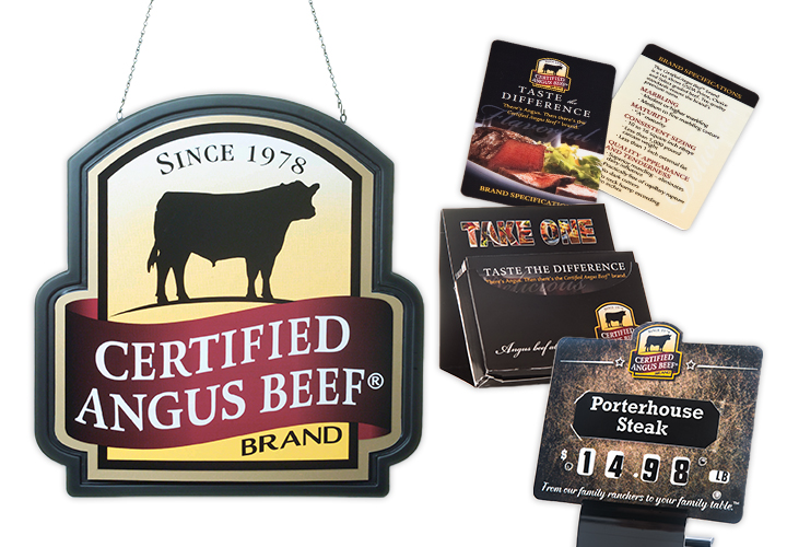 Certified Angus Beef® branded point-of-sale signs and promotional materials.