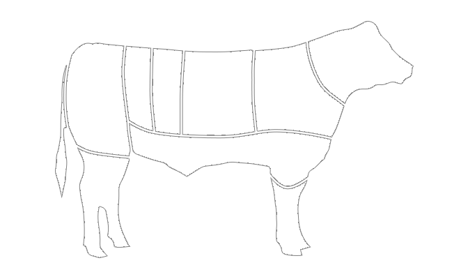 Diagram of a cow showing different beef primals.