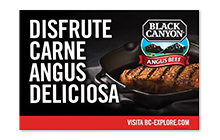 Spanish Black Canyon Angus Beef banner with a plated strip steak.