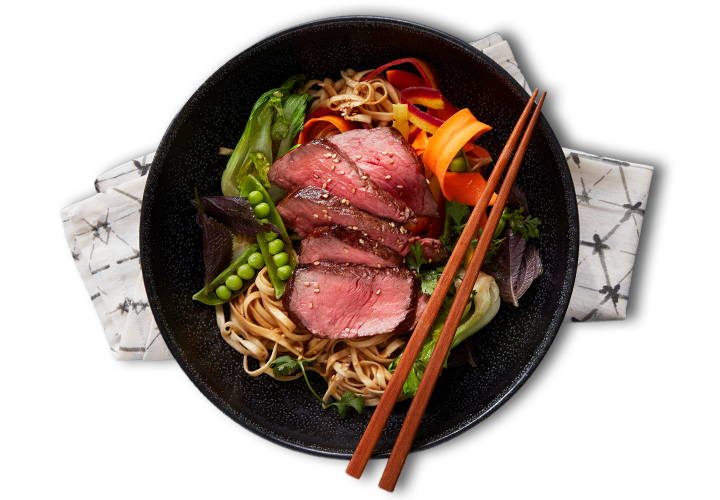 Bowl of sliced beef with vegetables and noodles.
