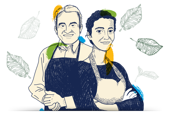Illustrated man and woman in aprons standing confidently with green leaves in the background.