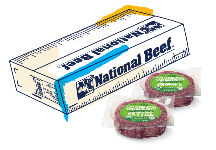 Illustrated National Beef box next to two vacuum-sealed grass-fed organic beef.