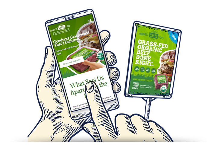 Illustrated hands holding a phone visiting the Goodness Grazecious website with an Ironman promoting grass-fed organic beef products in the background.