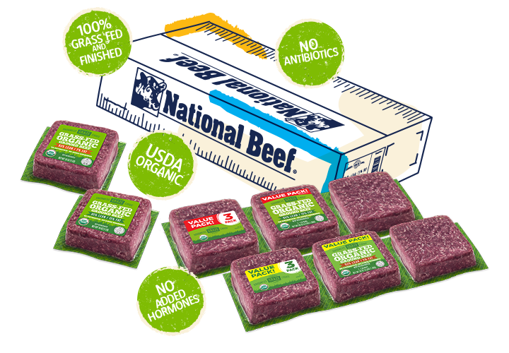Illustrated National Beef box surrounded by bricks and saddlepacks of grass-fed organic ground beef labeled USDA Organic and Grass Fed.