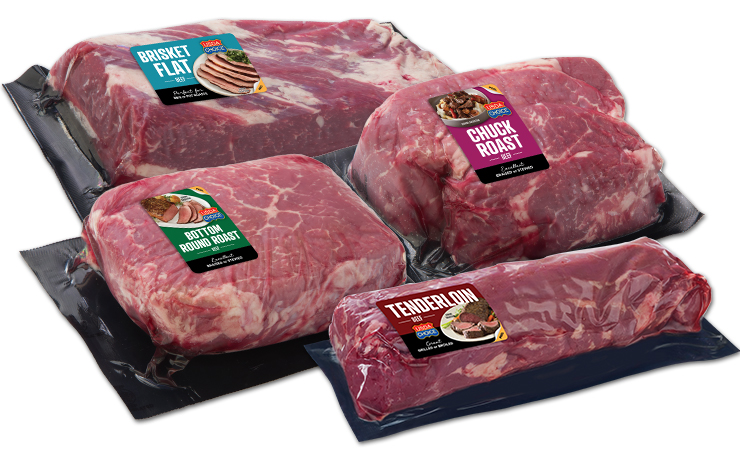 A grouping of Retail Ready Brisket Flat, Chuck, Bottom Round, and Tenderloin Roasts in VSP packaging.