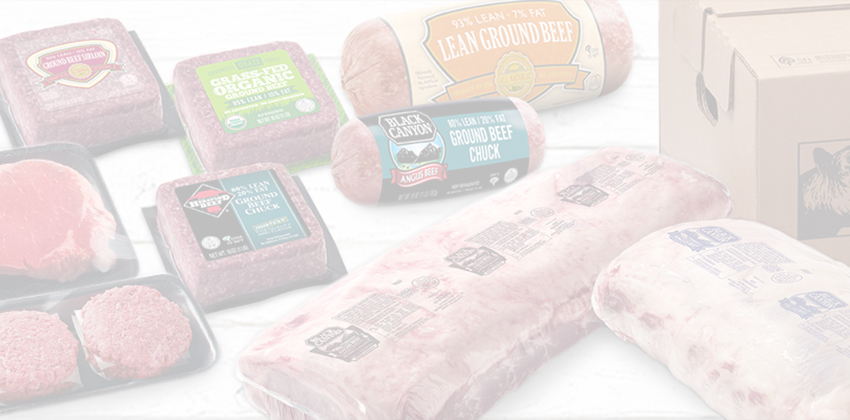 Assorted packaged meat products with a "National Beef" branded box.