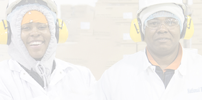 wo workers in protective gear and yellow earmuffs smiling in a factory.