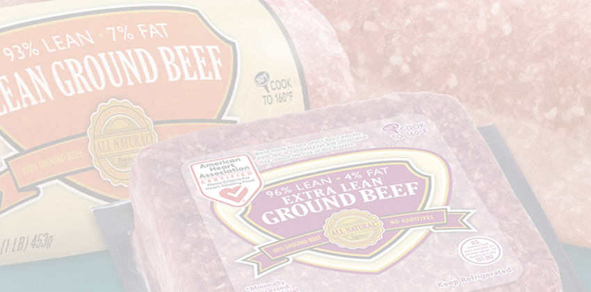 Soft gradient header featuring blended product imagery of ground beef chubs and bricks.