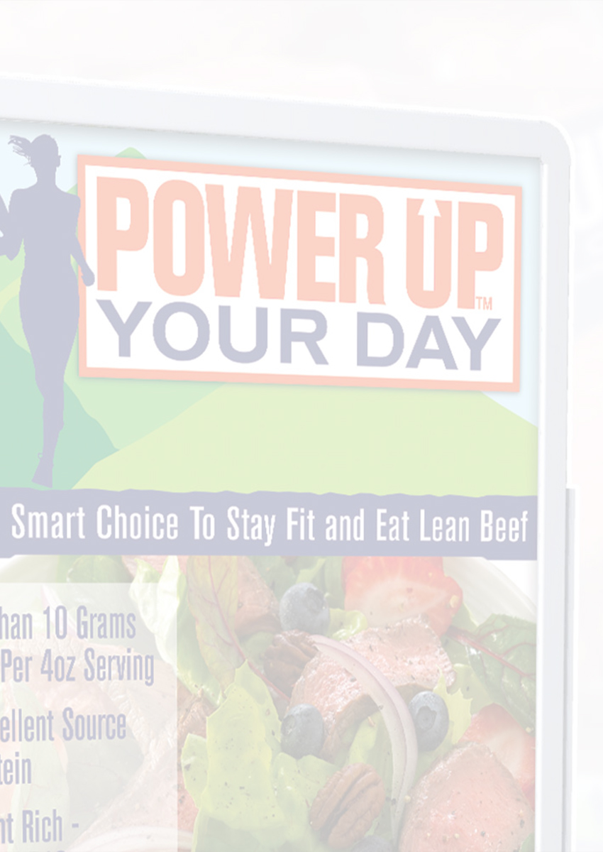 In-store sign promoting lean beef with Power Up Your Day branding.