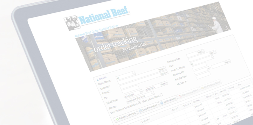 Laptop showing National Beef’s online order tracking page.