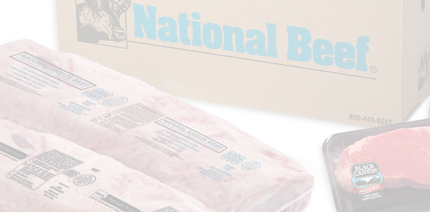 Packaged beef products next to a "National Beef" cardboard box.