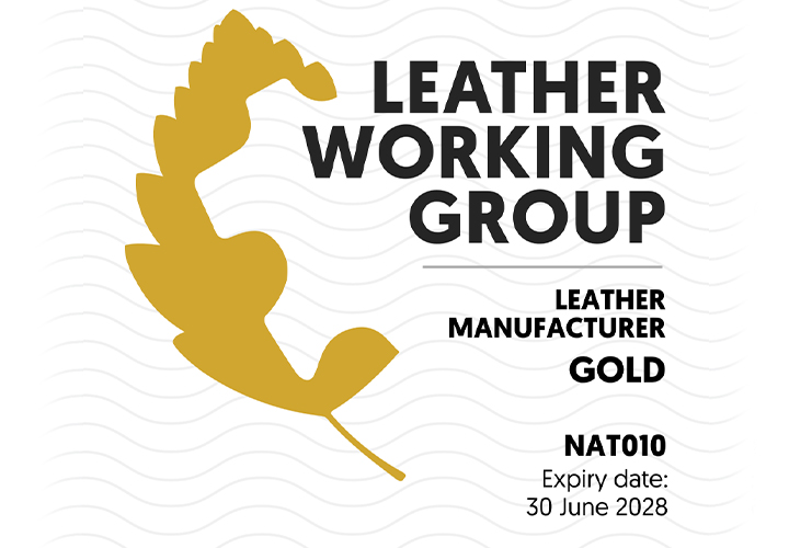 Leather Working Group Gold leather manufacturer certification badge with expiry date 30 June 2028.