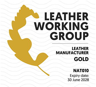Leather Working Group Gold leather manufacturer certification badge with expiry date 30 June 2028.